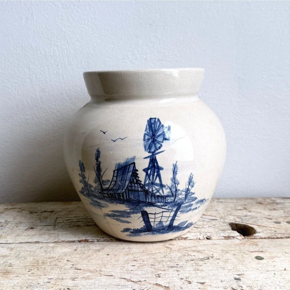 Vintage P.R. Storie Pottery Marshall TX Blue Windmill Farm Scene Crock